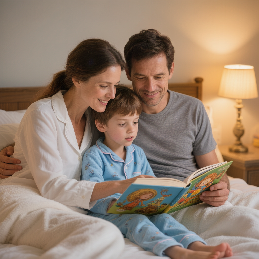 Famille en train de lire un livre avant le coucher
